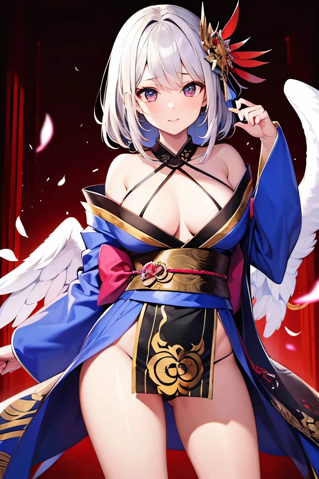 1girl, angel and devil blaster , kimono, obi, detailed anatomy 