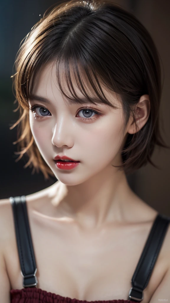 (Highest quality,8k,High resolution,masterpiece:1.2),Digital Art, girl,Delicate face,Delicate eyes,Dark brown hair,Short Straight Hair,Sparkling amber eyes,Red lips,suspenders ,particle,Dust,Warm colors,shy,in love,(HD Skins),Shallow depth of field