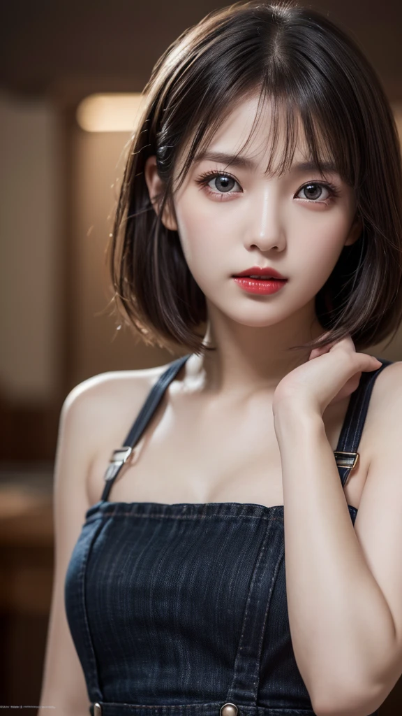 (Highest quality,8k,High resolution,masterpiece:1.2),Digital Art, girl,Delicate face,Delicate eyes,Dark brown hair,Short Straight Hair,Sparkling amber eyes,Red lips,suspenders ,particle,Dust,Warm colors,shy,in love,(HD Skins),Shallow depth of field