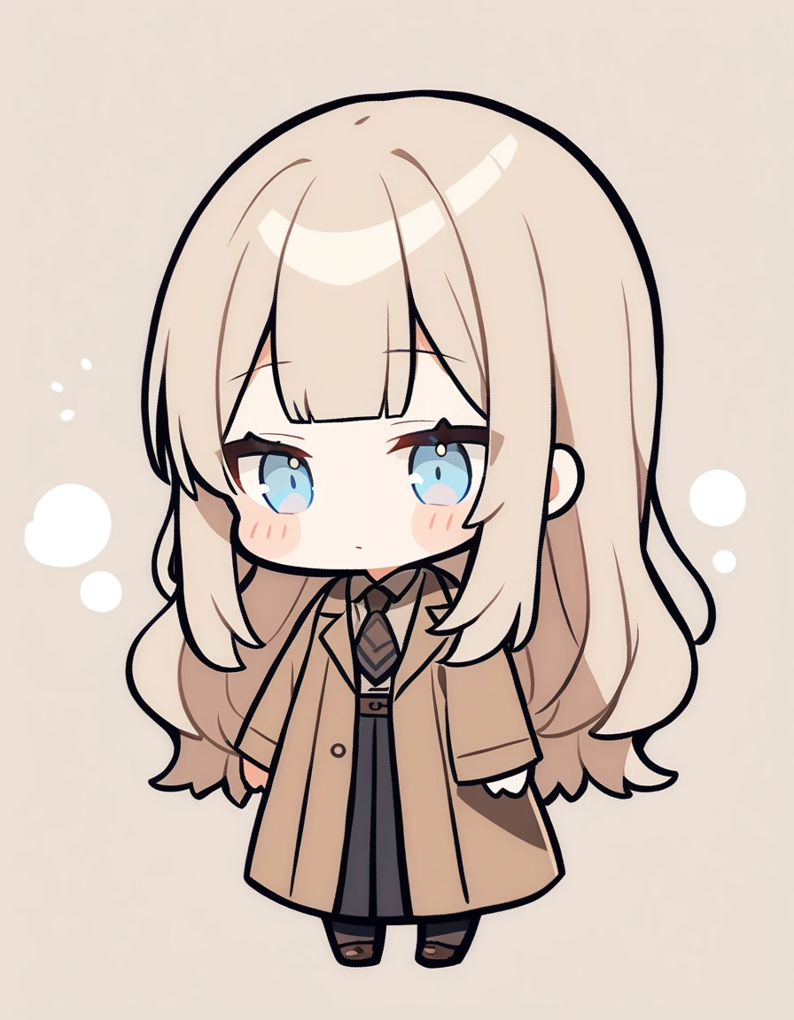 One girl, Beige hair、Long Hair、Bangs、Detective Suit、chibi,Light blue eyes、simple background、skirt、Brown clothes、sleepy