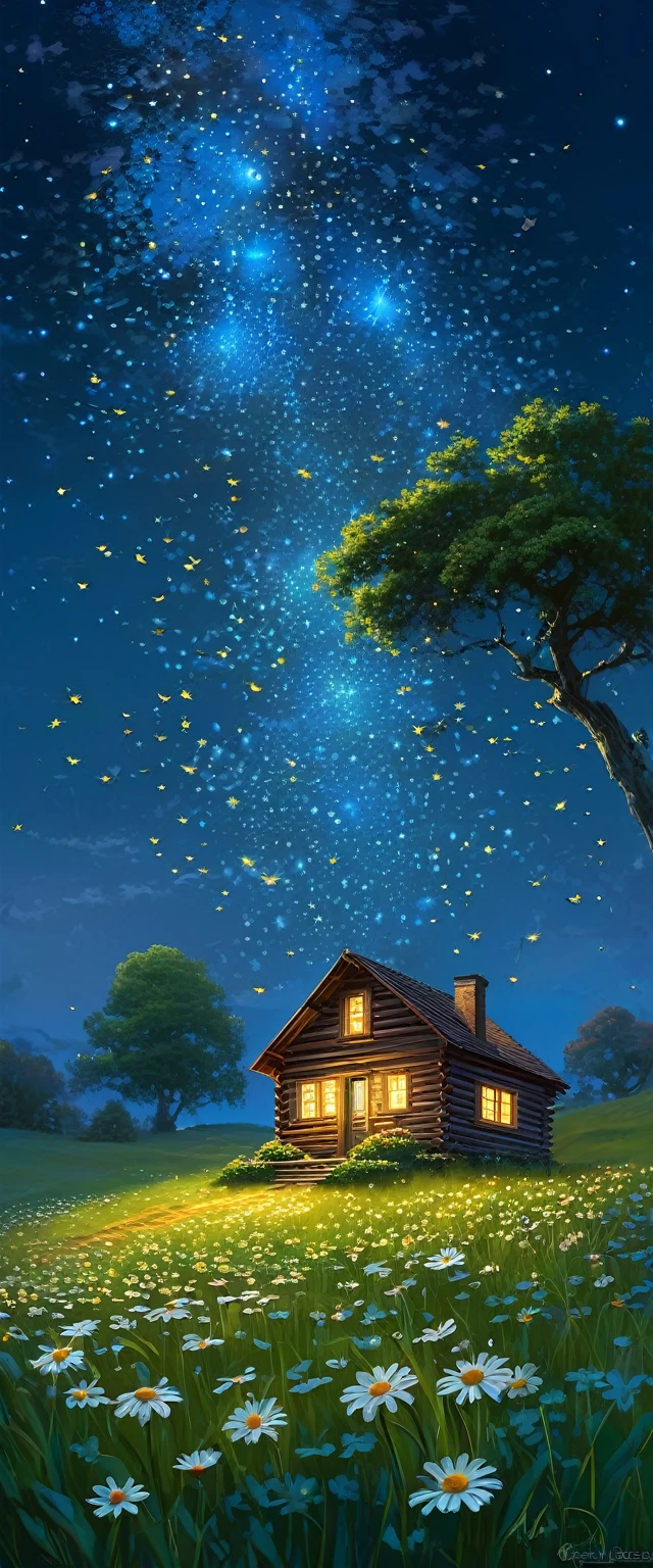 that animerealistic scene of a cabin under a tree, in a field with daisy flowers, that night with fireflies coming out of the pasture,, ULTRA Style Kilian Eng and Thomas Kinkade, Rob Gonsalves and Tim White , silvain sarriel. Rhads and Thomas Kinkade, inspired by RHADS, cyril rolando and m.I'm confused, cyril rolando and m. I'm confused, Rhads!!!, animated background, animated background art, beautiful anime scene, Over the clouds, Kilian Eng y Thomas Kinkade, Rob Gonsalves y Tim White., silvain sarriel, Rhads y Thomas Kinkade, inspired by RHADS, cyril rolando and m.I'm confused, cyril rolando and m. I'm confused, Rhads!