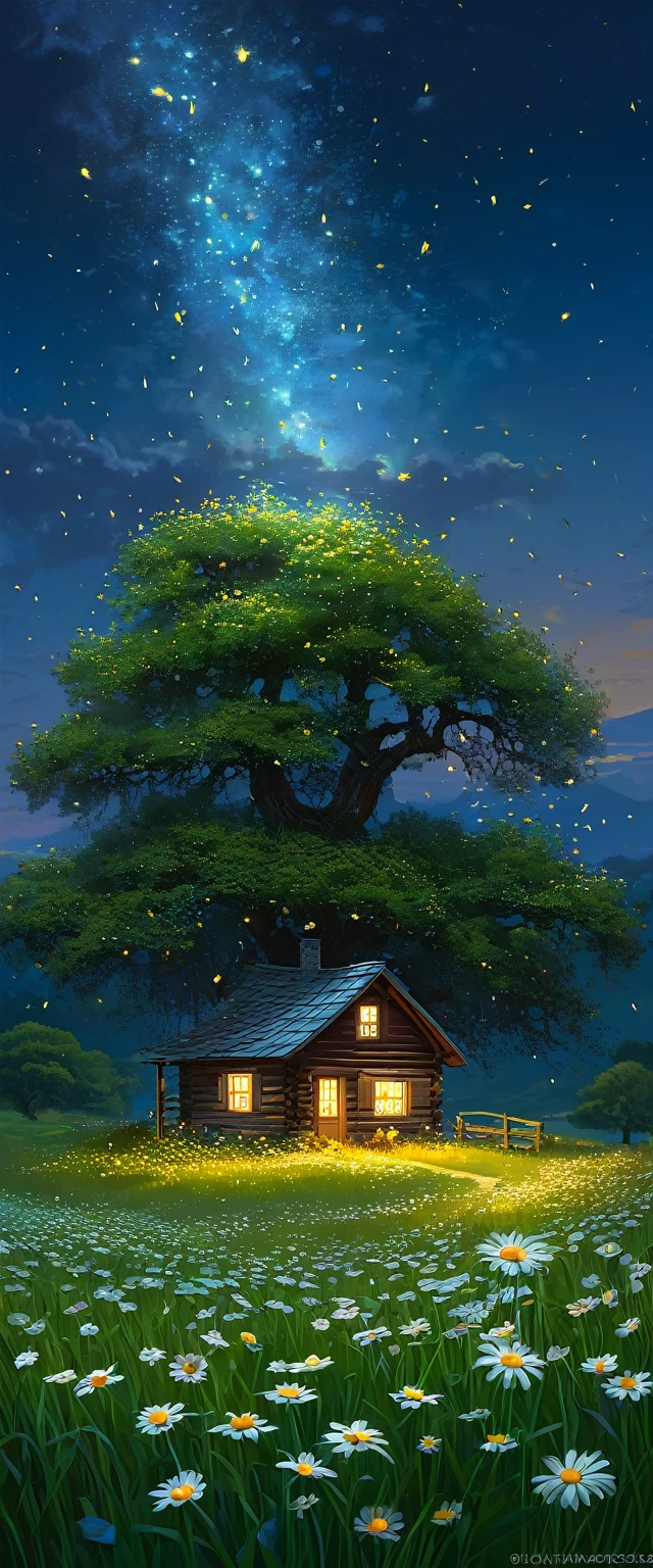 that animerealistic scene of a cabin under a tree, in a field with daisy flowers, that night with fireflies coming out of the pasture,, ULTRA Style Kilian Eng and Thomas Kinkade, Rob Gonsalves and Tim White , silvain sarriel. Rhads and Thomas Kinkade, inspired by RHADS, cyril rolando and m.I&#39;m confused, cyril rolando and m. I&#39;m confused, Rhads!!!, animated background, animated background art, beautiful anime scene, Over the clouds, Kilian Eng y Thomas Kinkade, Rob Gonsalves y Tim White., silvain sarriel, Rhads y Thomas Kinkade, inspired by RHADS, cyril rolando and m.I&#39;m confused, cyril rolando and m. I&#39;m confused, Rhads!
