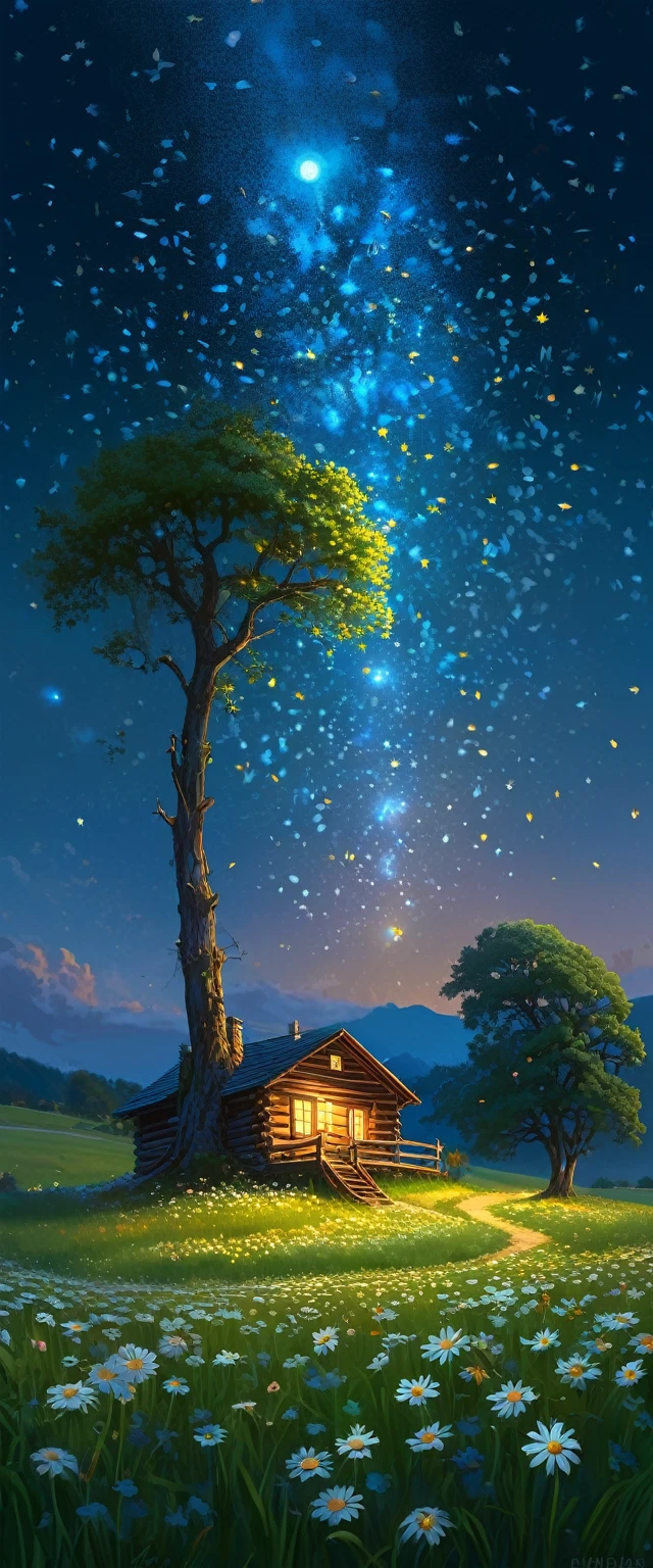 that animerealistic scene of a cabin under a tree, in a field with daisy flowers, that night with fireflies coming out of the pasture,, ULTRA Style Kilian Eng and Thomas Kinkade, Rob Gonsalves and Tim White , silvain sarriel. Rhads and Thomas Kinkade, inspired by RHADS, cyril rolando and m.I'm confused, cyril rolando and m. I'm confused, Rhads!!!, animated background, animated background art, beautiful anime scene, Over the clouds, Kilian Eng y Thomas Kinkade, Rob Gonsalves y Tim White., silvain sarriel, Rhads y Thomas Kinkade, inspired by RHADS, cyril rolando and m.I'm confused, cyril rolando and m. I'm confused, Rhads!