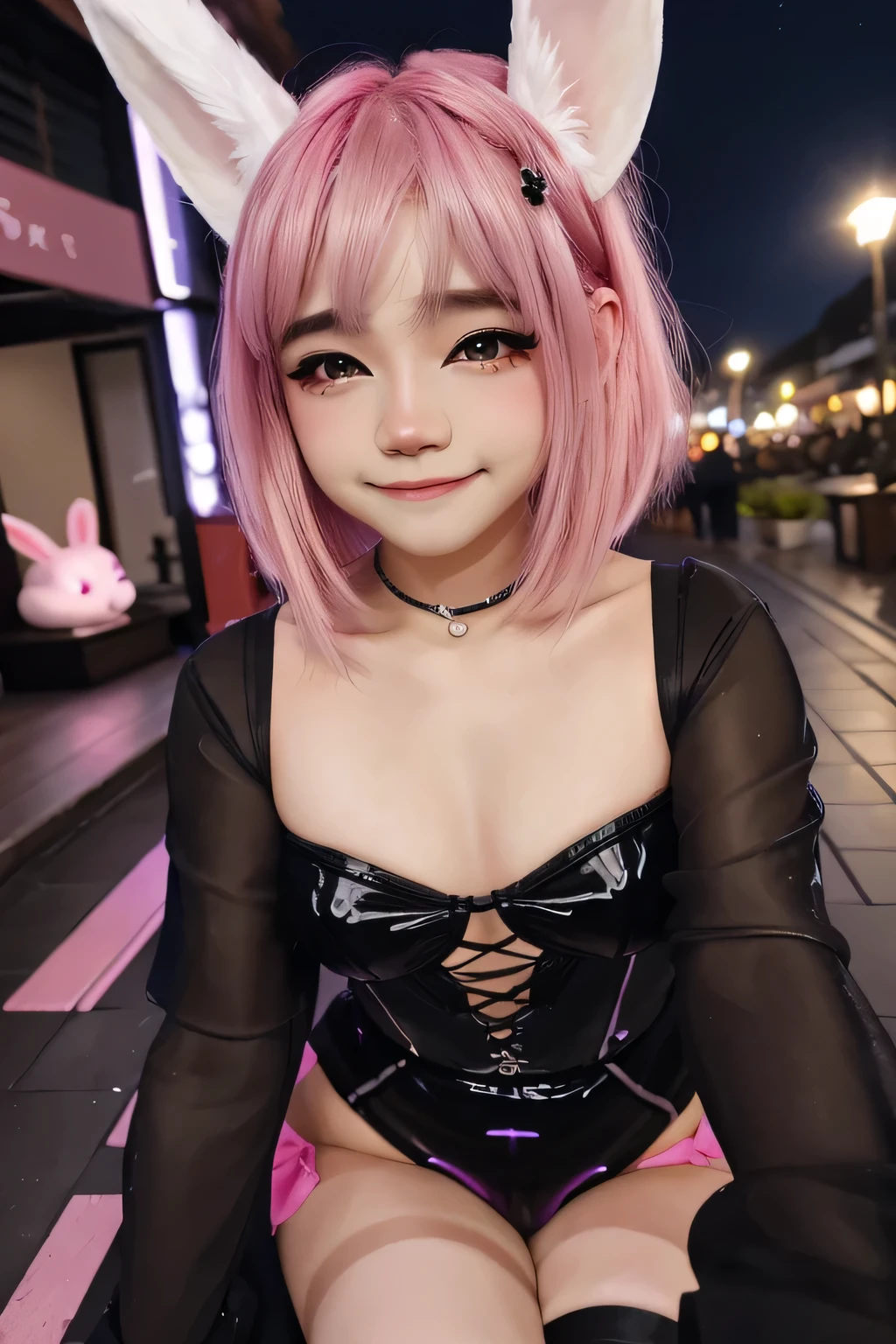 Open-air bath at night、Night、Night town、Neon glowing town、Showa townscape、Under the streetlight、Red dress、Pink hair、nighttime scene、cleavage of the breast、(8k, top-quality, masterpiece:1.2), (realisitic, Photorealsitic:1.37), Ultra-detail, 1 girl in, Whole body esbifa layer、cute little、solo、Beautiful detailed night sky、(A smile:1.15)、(Mouth closed)、tiny chest、Eyes in Beautiful Details、（short-hair：1.2）、Floating Hair NovaFrogStyle、masuter piece、Pink Shortcut Bob、Realistic rabbit ears、Pink realistic rabbit ears、Realistic ears of rabbits sticking out of the head、Pink hair、Beautiful girl in her 20s、Bewitching atmosphere、Beautiful shaped hands、K-POP、Pink rabbit ears、1 girl in、solo、 masterpiece、top-quality、realisitic、Hyper-detailing、(Glossy skin:1.4)、absurderes、short pink hair、Slender beauties、Dynamic Lighting、hight resolution、sharp focus、depth of fields、(thick thight:1.0)、A slender :1.2，((Short-cut bob hair))、((k pop:1.3))，Highly detailed facial and skin texture、((Enchanting))，Anatomically correct number of fingers，Correct anatomy