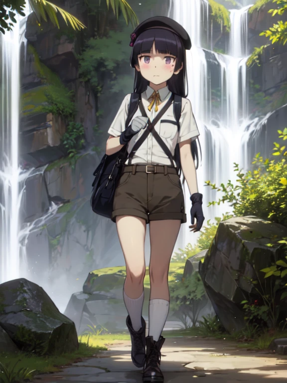 (masterpiece, Highest quality), (ruri gokou), blush, Black Hair, Mole, Mole under eye, One Girl, Long Hair, Hime cut, Jungle exploration, flashlight, telescope, Ruck sack, rope, a notepad. Shorts,
Utility Vest, Safari Hat, Hiking boots, Durable gloves.
(In front of a large waterfall、Holding an ancient map), The waterfall's spray is flying。,
,Rock surface texture, Contrast between light and shadow, The mysterious atmosphere of nature. full body