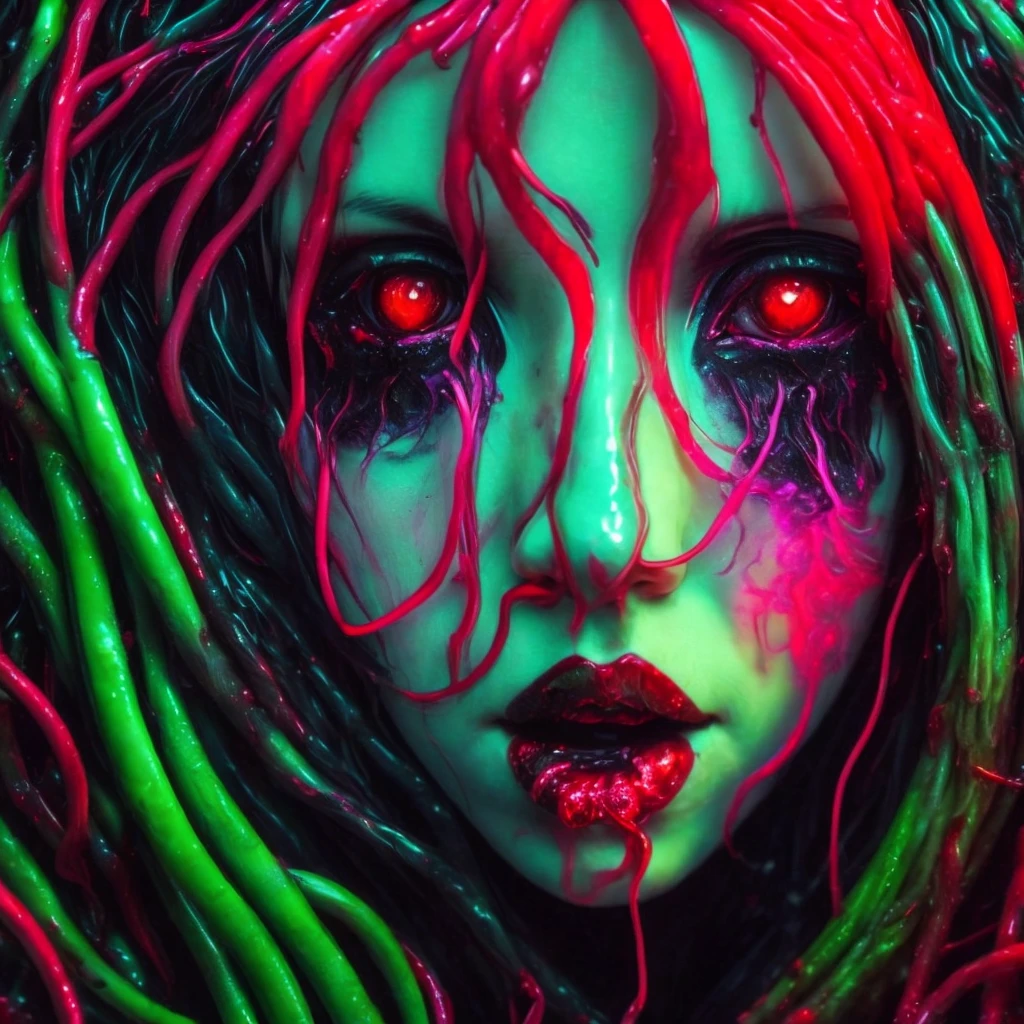 slime girl, Black, Red Eyes Everywhere, long tentacles, Lovecraft aesthetics