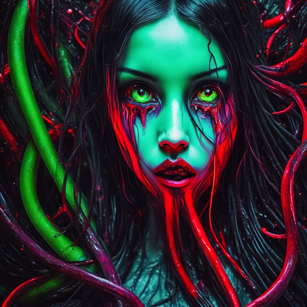 slime girl, Black, Red Eyes Everywhere, long tentacles, Lovecraft aesthetics