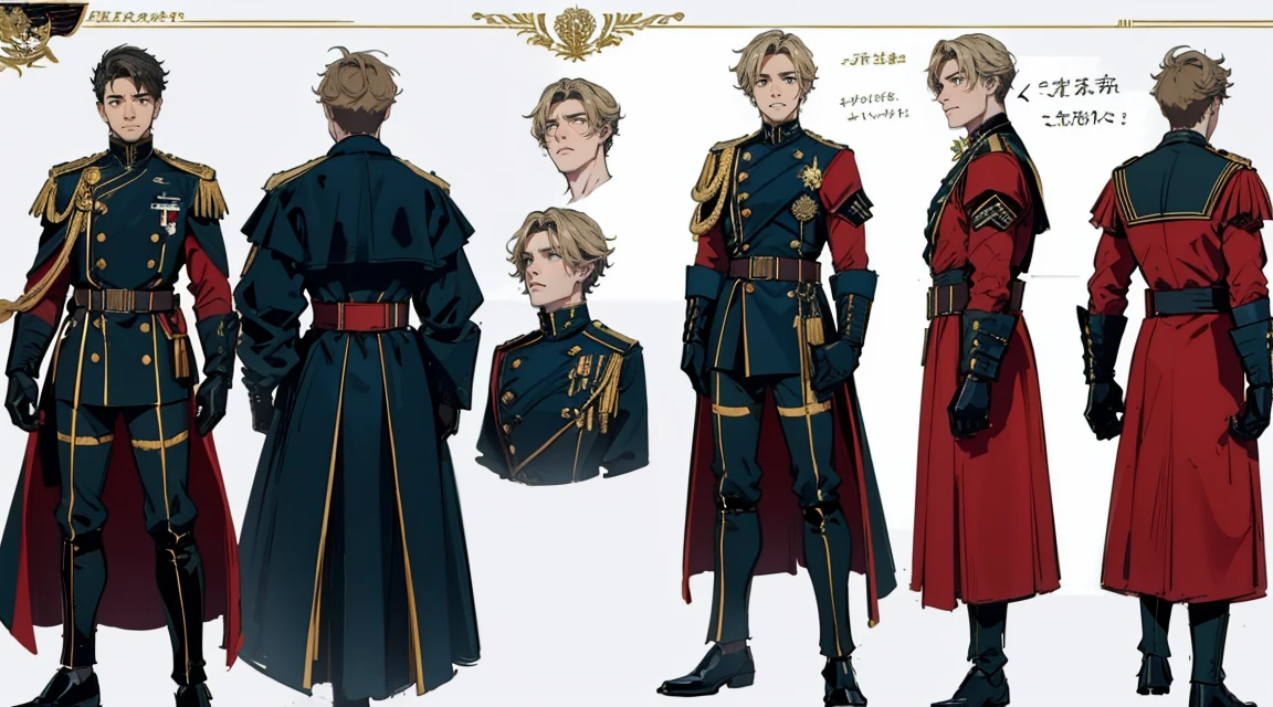 ((Masterpiece, highest quality)), detailed face, character sheet, Full body, 1guy, blue eyes, short hair, ((messy hair)), pale skin, full of details, multiple poses and expressions, highly detailed, depth, many parts, (uniform design, military, school) black red and gold color scheme