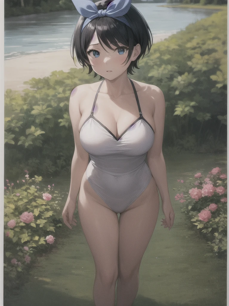 masterpiece, Highest quality, girl, Hair Ribbon, 
 (Mature Woman:1.3),  Large Breasts, 
short hair, Black Hair,  blue eyes , :is,
river, flower、Completely naked
