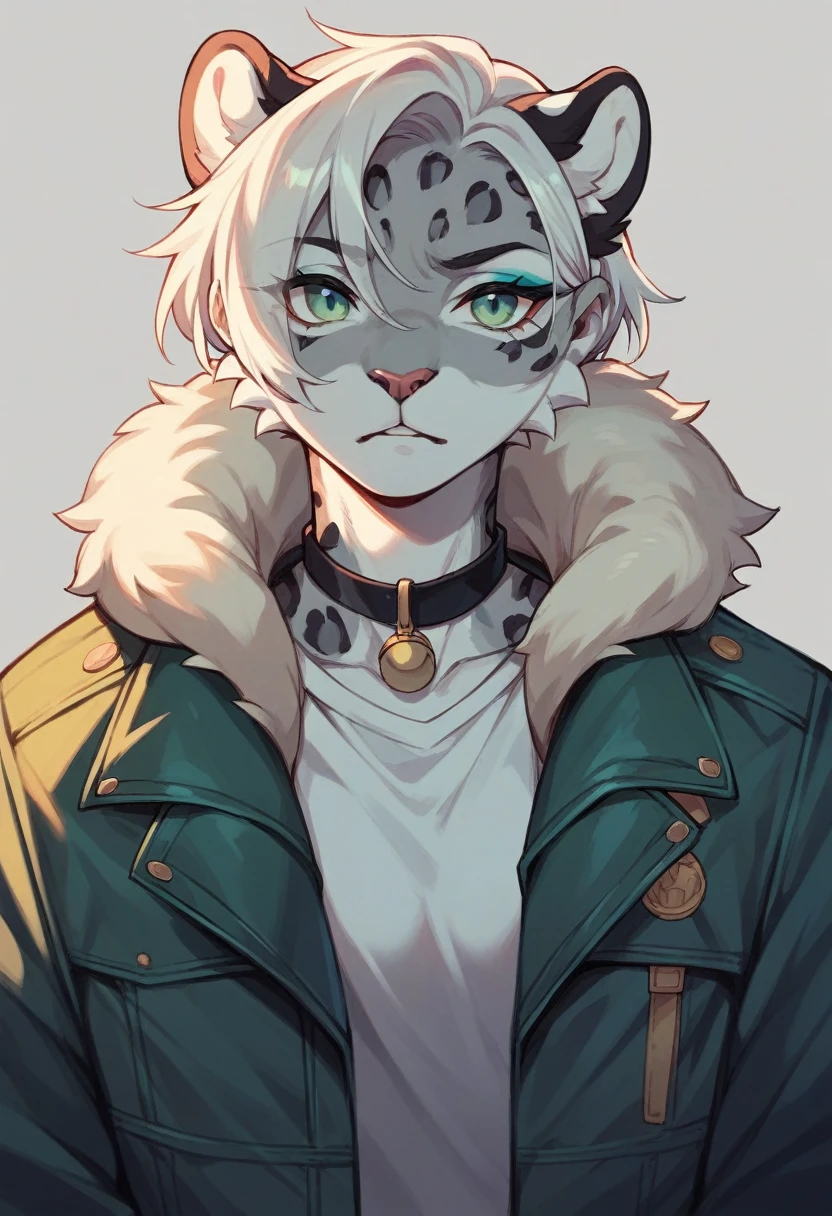 Snow leopard with eyeliner in a green M65 jacket