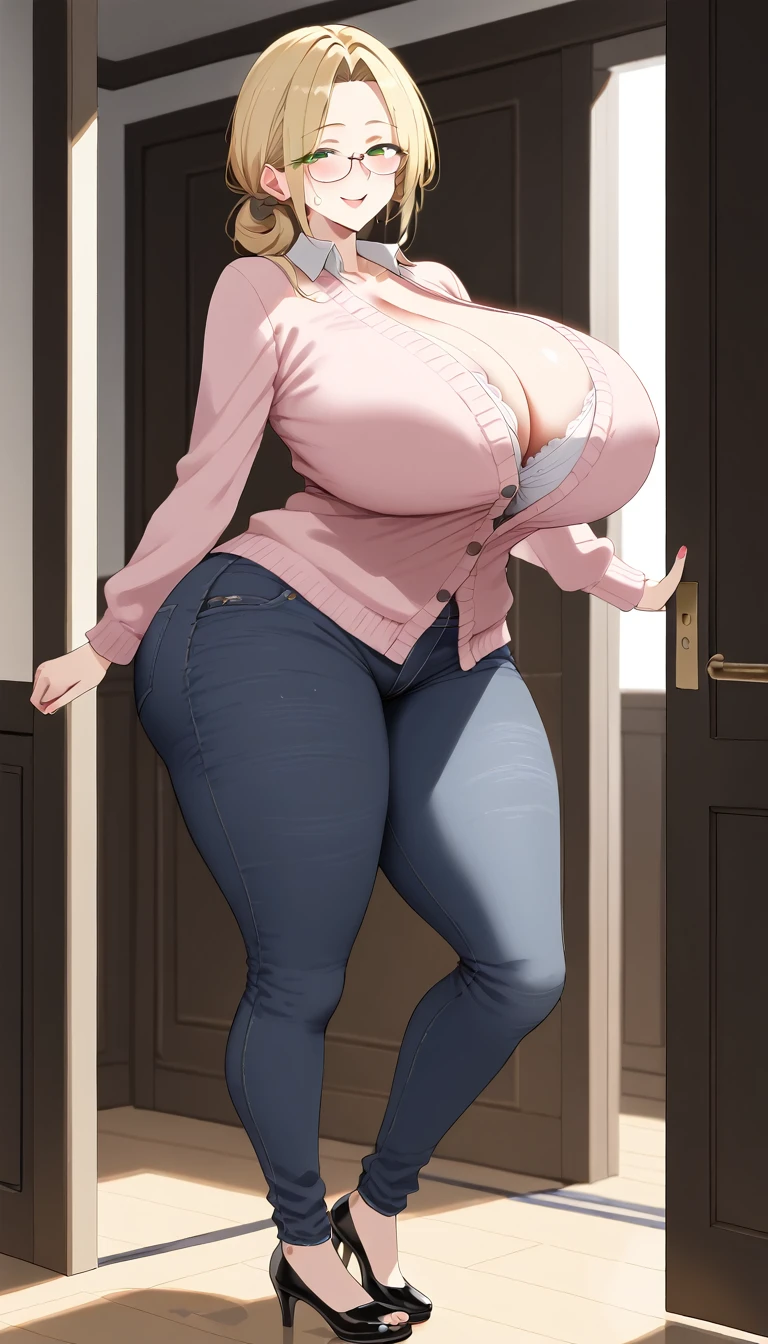 (Best quality: 1.5), (masterpiece: 1.5), (2.5D), (good definition), (detailed face), (well-drawn face), (vivid colors), (1 character), (exaggerated proportions), (hentai), (perfect anatomy), (character in the center), (absurd), (4k wallpaper), (detailed eyes), (perfect hands), (perfect fingers), (beautiful skin), (glowing skin) )), (perfect shadows), (perfect lighting), (full body), (beautiful eyes), (masterpiece), (voluptuous body), (pretty face), adult woman, seductive MILF, Mature MILF Face, woman mature, blonde hair with a low and slightly disheveled ponytail, green eyes, wears glasses, wears a long knitted cardigan and tight jeans, cheerful and affectionate expression, huge breasts, huge thighs, huge butt, voluptuous body, good proportions, she is standing on the entrance to your house opening the door