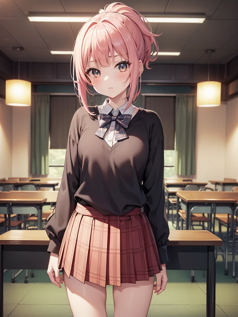 Mastepiece、masterpiece、highest quality、Super detailed、High resolution、8K Portrait、High definition CG of Unity 8k wallpaper、Cute little:1.5、:1.5、Highly detailed CG Unity 8k wallpaper、Realistic、Real person、 Portrait Photography、Shiny skin、High definition、(16 y)、(1 girl)、Beautiful clear eyes、extremely detailed description、Delicate face、Nice lips、Slim body、(thin waist)、Thin legs、(bed room:1.6)、1 Girl, Cute, Perfect Face, seriously, (blush:1.8),(Pink hair bob:1.3),(hair ornaments),(big breasts:1.3),((School uniform:1.3)),((skirt lift:1.5)),(looking at view),(from front),(disapproval face:1.5),(spread legs:1.3),(knees up),nsfw,(panty shot:1.2)