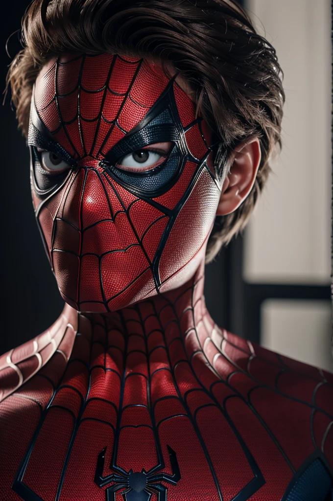 A photograph of spider man, no mask, 20 yo, handsome, detailed face, looking at camera, portrait, 8k uhd, high quality