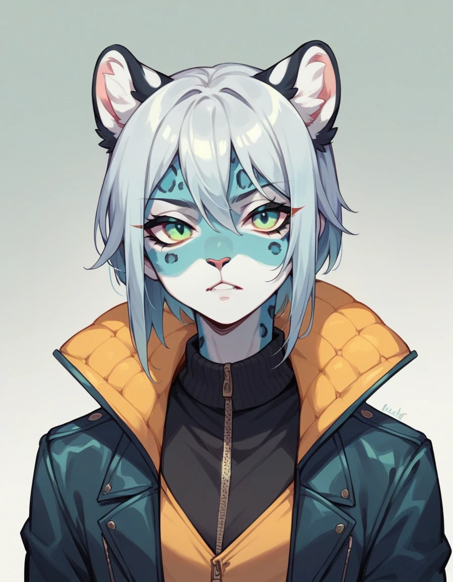 Snow leopard with eyeliner in a green M65 jacket