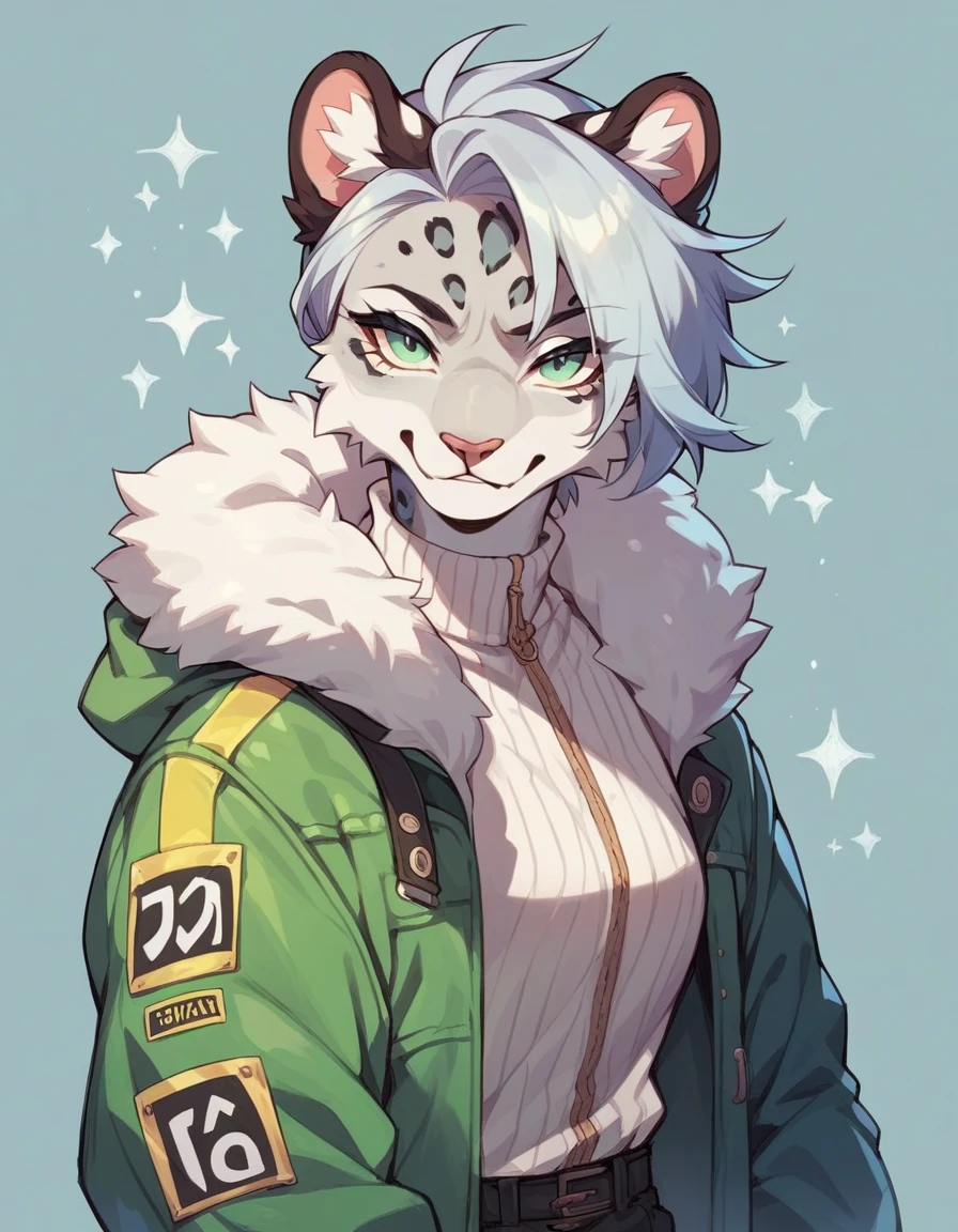 Snow leopard with eyeliner in a green M65 jacket