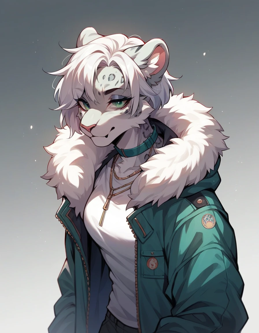 Snow leopard with eyeliner in a green M65 jacket