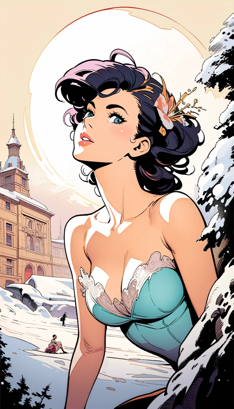 ((best quality)) , ((masterpiece)) , (detailed),illustration art by Dave Stevens and Lillian Bassman, Graceful (Man:1.2) , Multicolor hair styled as Caesar cut, Comic books, graphic novels, retro style, pin-up art, Fashion and art,elegant and sophisticated, innovative use of light and shadow, capturing the glamour of mid-20th century fashion, portrait art by Mary Cassatt, glossy, ambient, Complex, full color, fine artistic composition, enchanted,(((very much snow)))