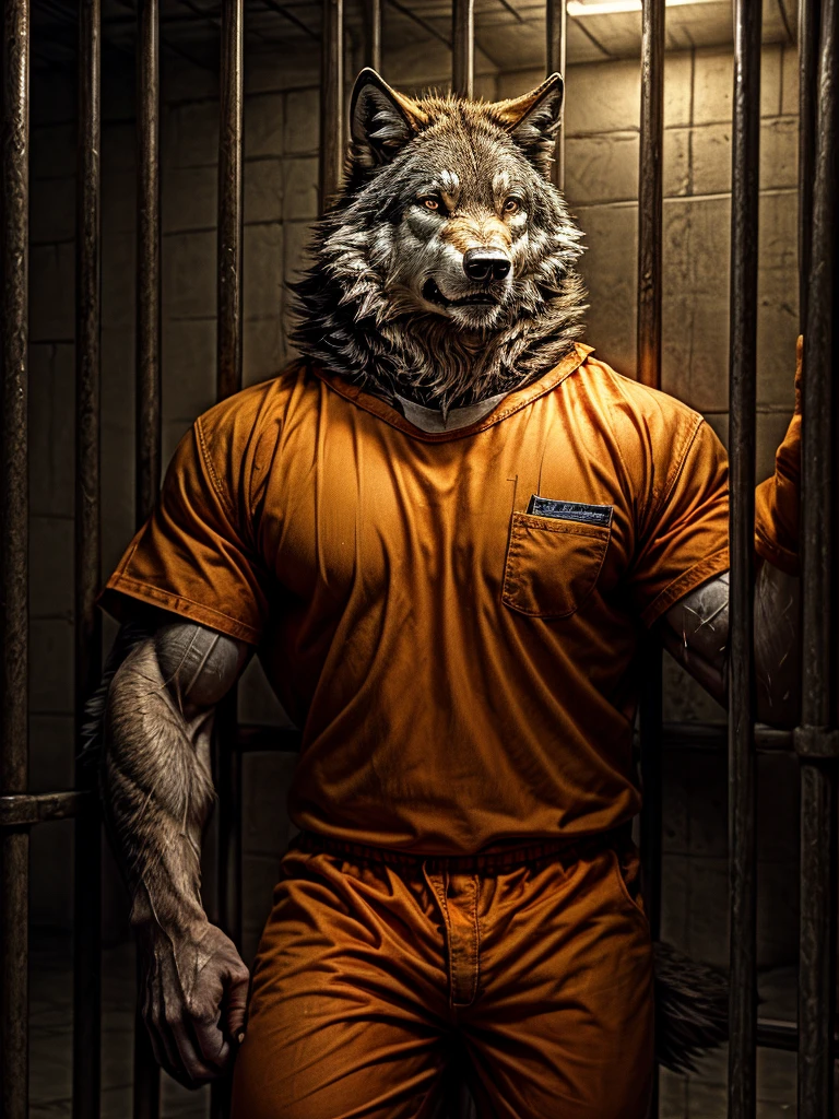 Prison setting, prison cell, wolf, equine, orange clothing, prison jumpsuit, flex, muscular, barazoku, evil grin, torn clothing,
BREAK,
(detailed background:1.2),high detail, film photography, RAW candid cinema, realistic, analog style, best quality, ultra realistic, 8k, (by taran fiddler),