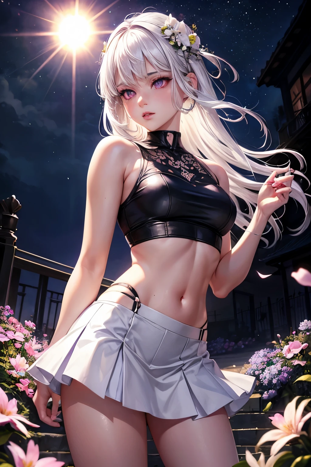 realistic, 1girl, white hair, purple eyes, glowing eyes, crop top, sexy short skirt, parted lips, blush, night, flowers, sun, sunlight,