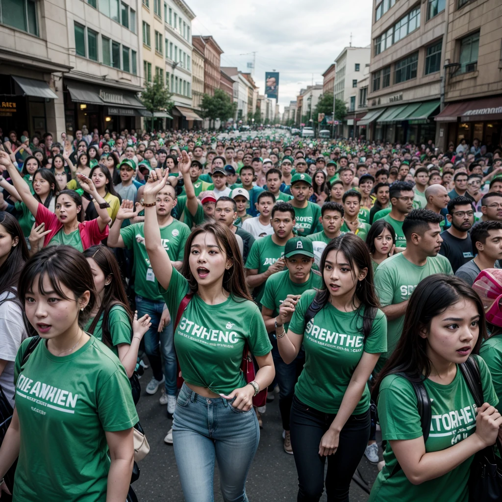 Fans in green shirts filling the streets