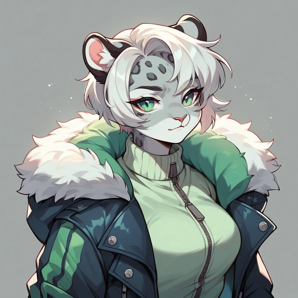 Snow leopard with eyeliner in a green M65 jacket