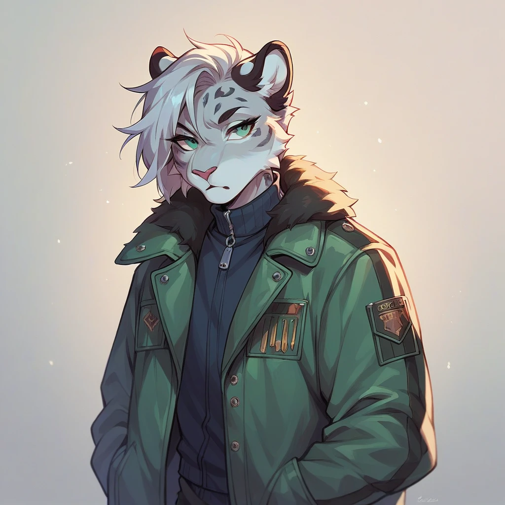 Snow leopard with eyeliner in a green M65 jacket