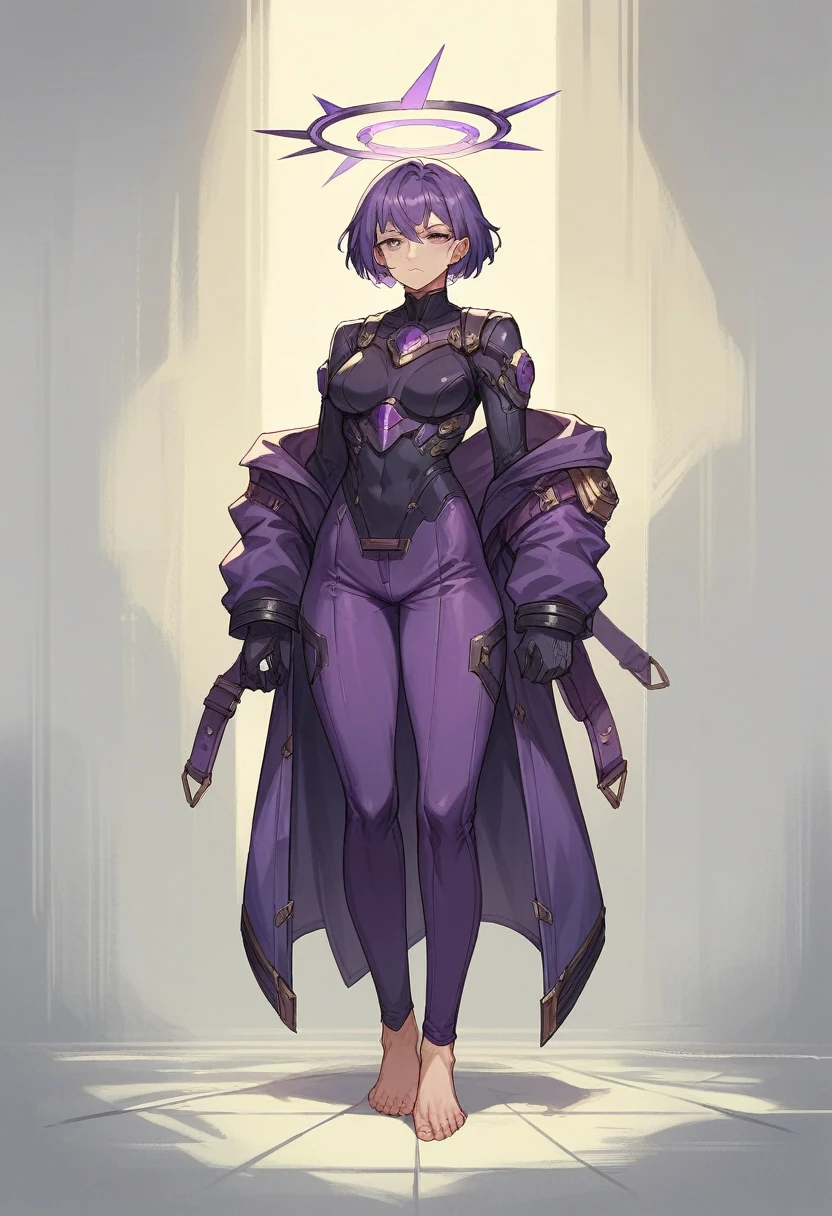1 girl, goddess(gallant, purple short hair, deep purple suit), barefoot, halo, standing,