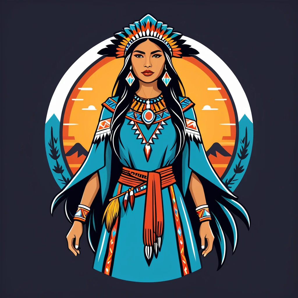 female wizard in native american folk outfit ,vector graphics, strong contours, logo design