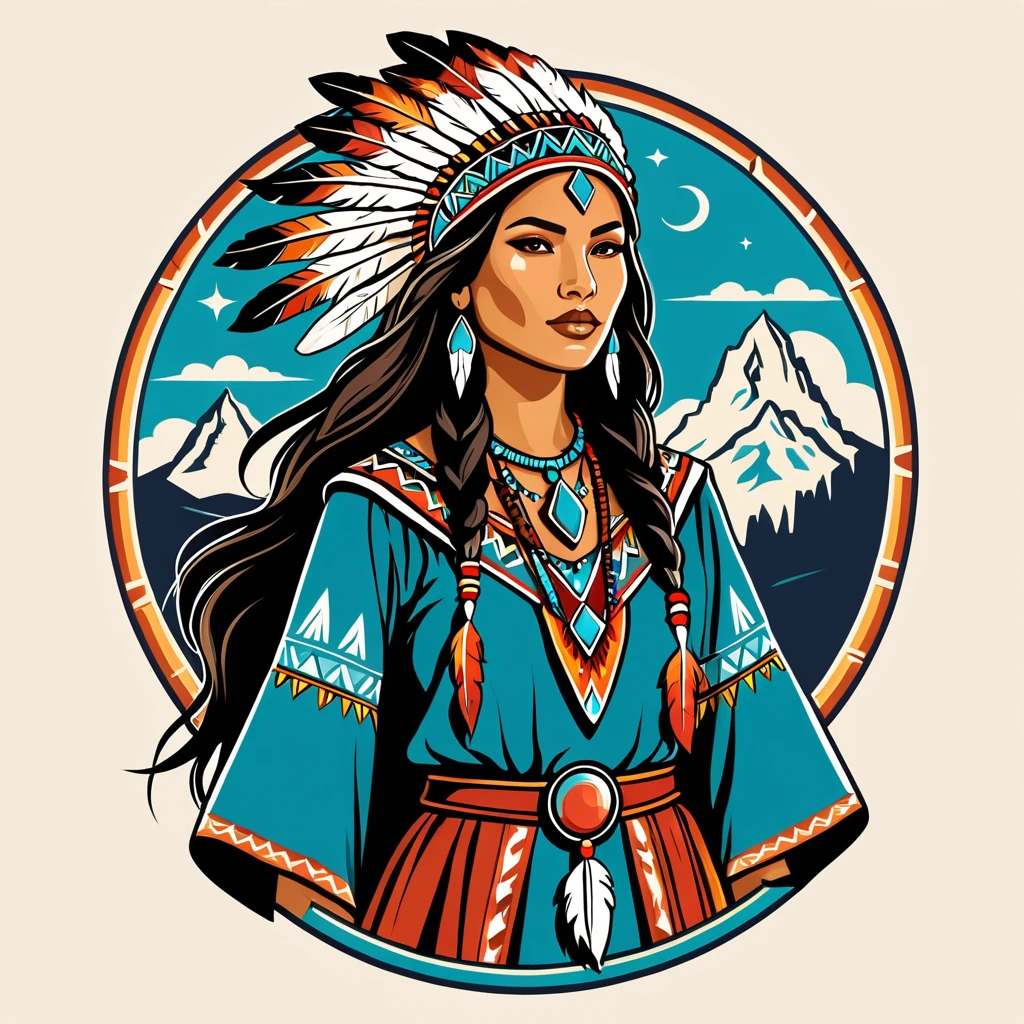female	wizard	in native american folk outfit	,vector graphics, strong contours, logo design																						