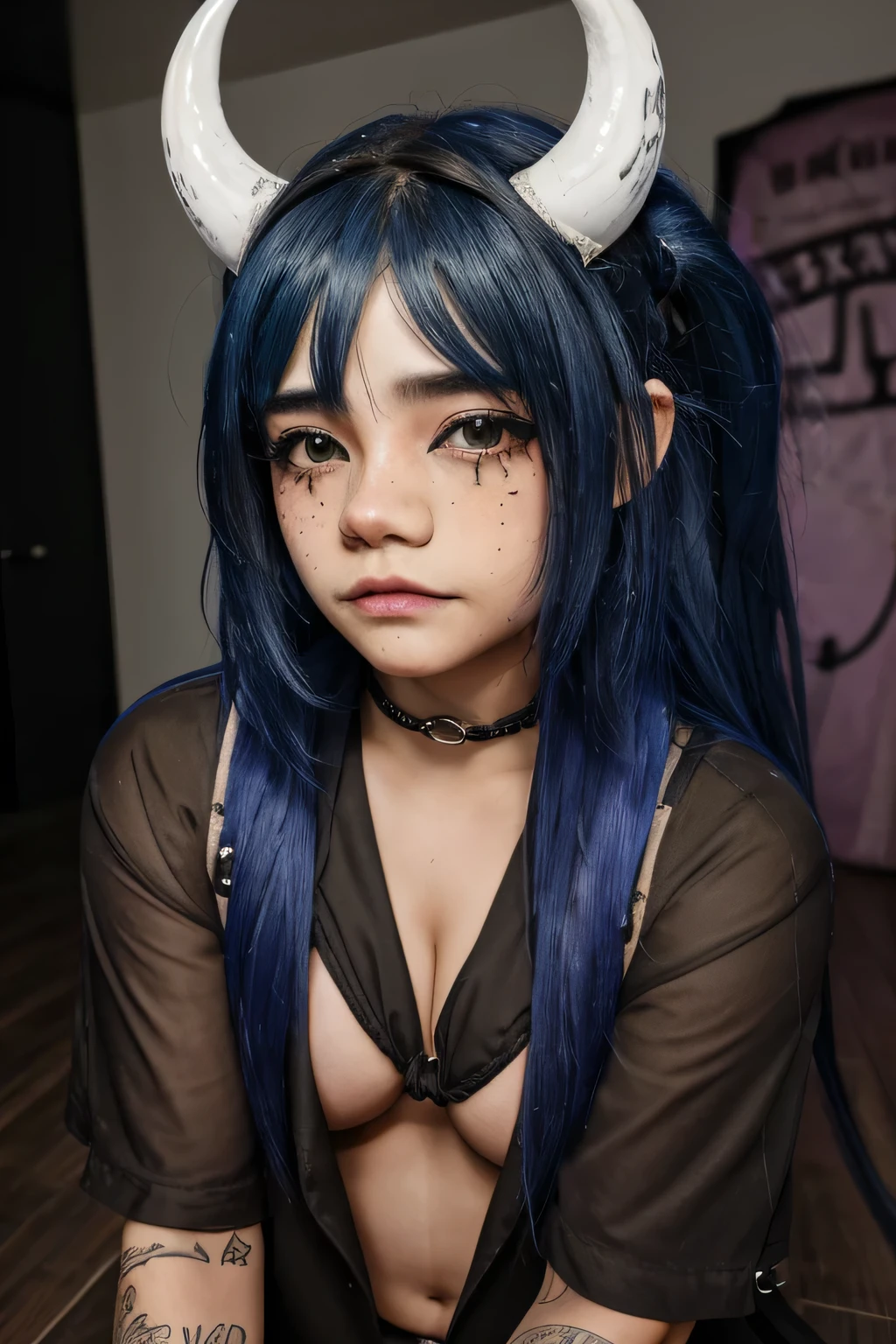 very beautiful woman, 13歳, vigilante, blue dyed hair, dreaded hair, dreadlocks, Ropa de cuero sexy, senos grandes, Estilo cyberpunk, Detalles realistas, sexy, retrato, mal, Punk Rock, rebelde, sexy, Toma de cuerpo completo, tetas perfectas, NSFW, sex, lascivo, wet, BDSM, intercorse, 2 girls, touching, kissing, lick, rope, knot, hot, masturbate, Make eye contact with the camera, micro bikini, cleavage,、Los detalles del iris de la pupila son muy sorprendentes、Limbs without breakdowns、Adolescente blanca、Boca naturalmente cerrada、Areola natural、natural 、ojos fijos、cuerpo natural、Slightly baby face、rostro femenino、cuerpo femenino、con cara redonda、a small face、mejillas suaves、Looking at the camera、cuerpo completosbian、Destacamento、Rostro equilibrado、Estrabismo ligeramente interno、Freckles, Punk, punk make u, kinky face, ecchi, goth, death metal, demonical, twsited real horns, H tits, tetas de gota, Marina Mui,