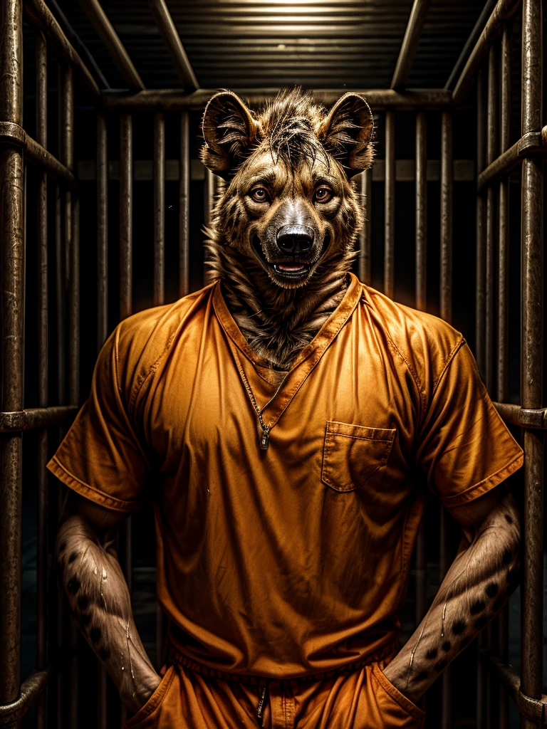 hyena, male, sweating, realistic, (full nude, Solitary confinement, Prison orange uniform, jail,) prison, smile,