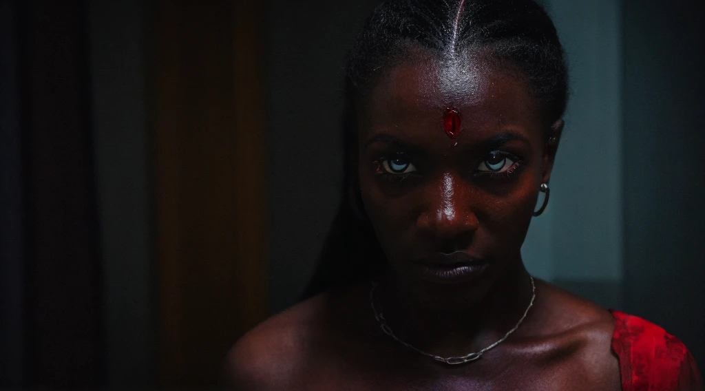 Create a black woman, possessed by a demonic entity, with a blood eye on her forehead