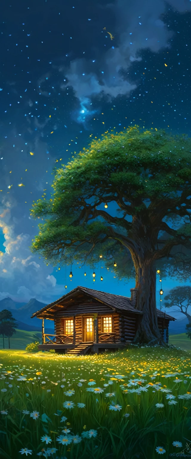 anime-realistic scene of a cabin under a tree, in a field with daisy flowers, that serene night, quiet, clouds, with some small fireflies emerging from the grassland,ULTRA Style Kilian Eng and Thomas Kinkade, Rob Gonsalves and Tim White , silvain sarriel. Rhads and Thomas Kinkade, inspired by RHADS, cyril rolando and m.I'm confused, cyril rolando and m. I'm confused, Rhads!!!, animated background, animated background art, beautiful anime scene, sobre las clouds, Kilian Eng y Thomas Kinkade, Rob Gonsalves y Tim White., silvain sarriel, Rhads y Thomas Kinkade, inspired by RHADS, cyril rolando and m.I'm confused, cyril rolando and m. I'm confused, Rhads!