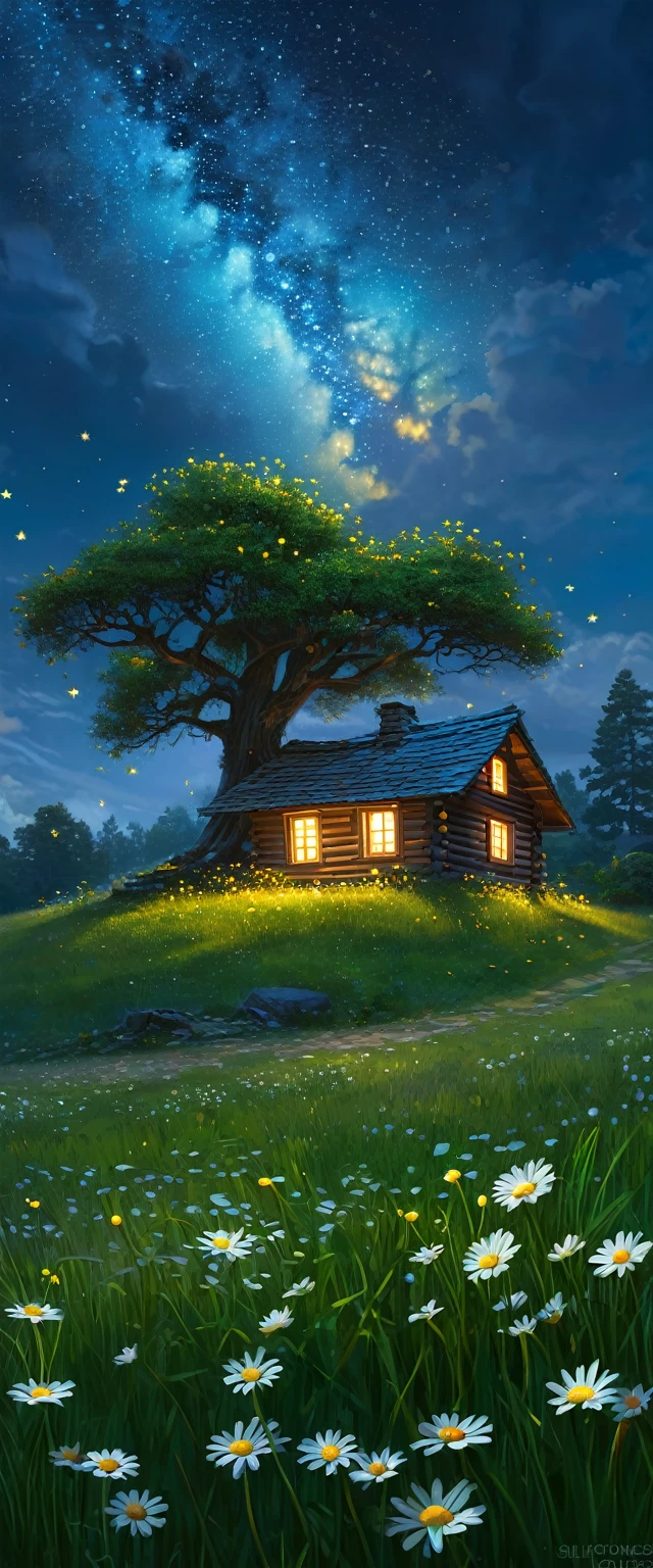 anime-realistic scene of a cabin under a tree, in a field with daisy flowers, that serene night, quiet, clouds, with some small fireflies emerging from the grassland,ULTRA Style Kilian Eng and Thomas Kinkade, Rob Gonsalves and Tim White , silvain sarriel. Rhads and Thomas Kinkade, inspired by RHADS, cyril rolando and m.I&#39;m confused, cyril rolando and m. I&#39;m confused, Rhads!!!, animated background, animated background art, beautiful anime scene, sobre las clouds, Kilian Eng y Thomas Kinkade, Rob Gonsalves y Tim White., silvain sarriel, Rhads y Thomas Kinkade, inspired by RHADS, cyril rolando and m.I&#39;m confused, cyril rolando and m. I&#39;m confused, Rhads!
