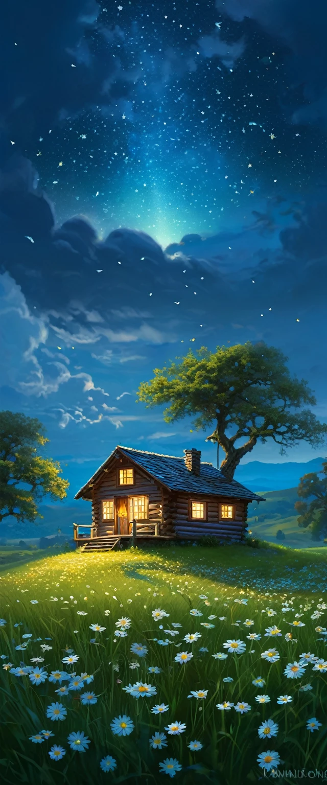 anime-realistic scene of a cabin under a tree, in a field with daisy flowers, that serene night, quiet, clouds, with some small fireflies emerging from the grassland,ULTRA Style Kilian Eng and Thomas Kinkade, Rob Gonsalves and Tim White , silvain sarriel. Rhads and Thomas Kinkade, inspired by RHADS, cyril rolando and m.I&#39;m confused, cyril rolando and m. I&#39;m confused, Rhads!!!, animated background, animated background art, beautiful anime scene, sobre las clouds, Kilian Eng y Thomas Kinkade, Rob Gonsalves y Tim White., silvain sarriel, Rhads y Thomas Kinkade, inspired by RHADS, cyril rolando and m.I&#39;m confused, cyril rolando and m. I&#39;m confused, Rhads!
