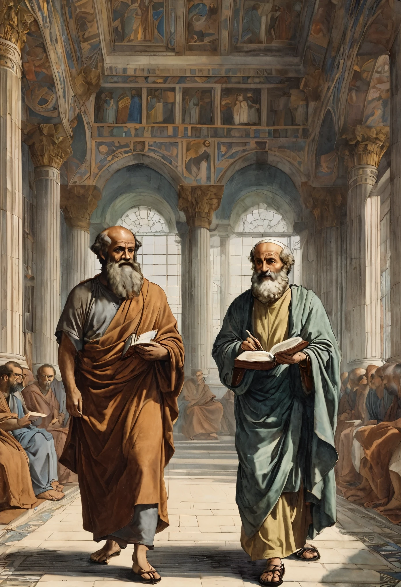 arafed painting of two  room with a ceiling, academic painting, portrait of aristotle, inspired by Theophanes the Greek, by Joseph Raphael, theophanes, wearing brown robes, philosopy, biblical art style, philosopher, by Anton Möller, monks, bible illustration, omnious background, stoicism