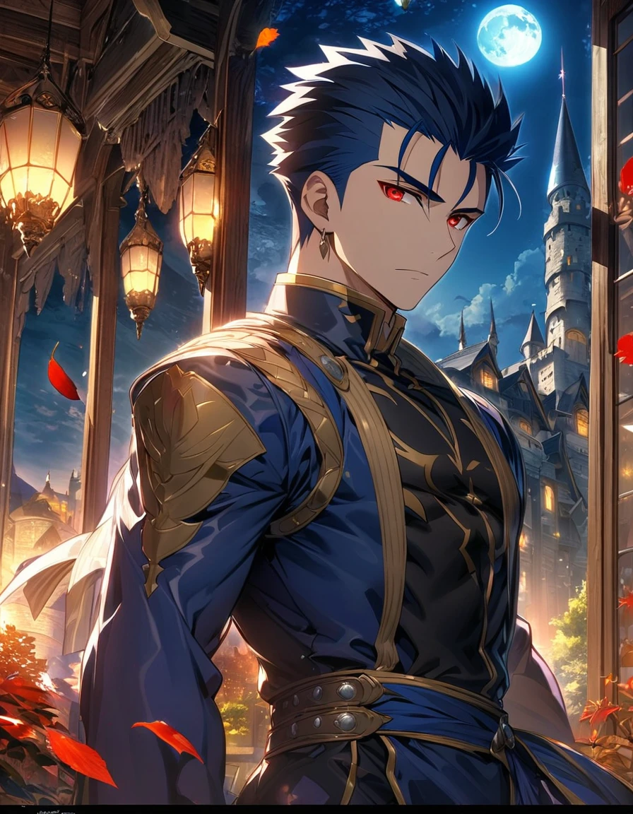 Cu_chulainn_(caster)_(fate)Ultra detailed, highres, absurdres, HDR, , blue black hair, red eyes, , Fate Stay Night, handsome, 1 man only, blue curtains, moon, window, leaves, castle