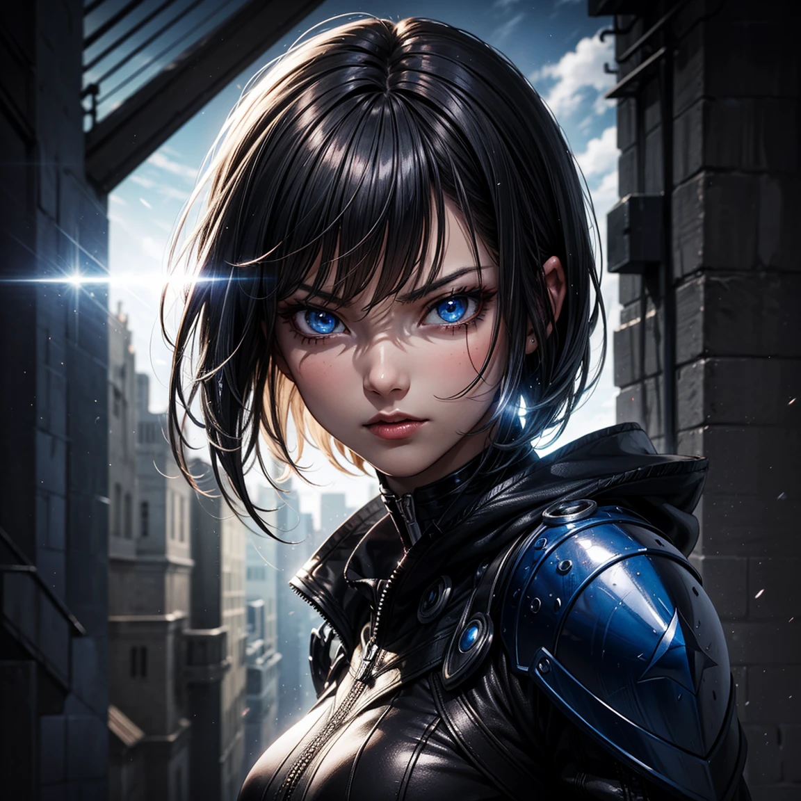 (High Detail:1.2) Anime Girl, (Best quality, Detailed), (dark, gravelly:1.3, dark:1.2), 1girl, (solo), ( dark black skin), two blades of Azzinoth, short bob hair, black hair, blue eyes, fair skin, sinister, intense look, background dark, Volumetric light, hyper realistic, super detailed, Dynamic pose
