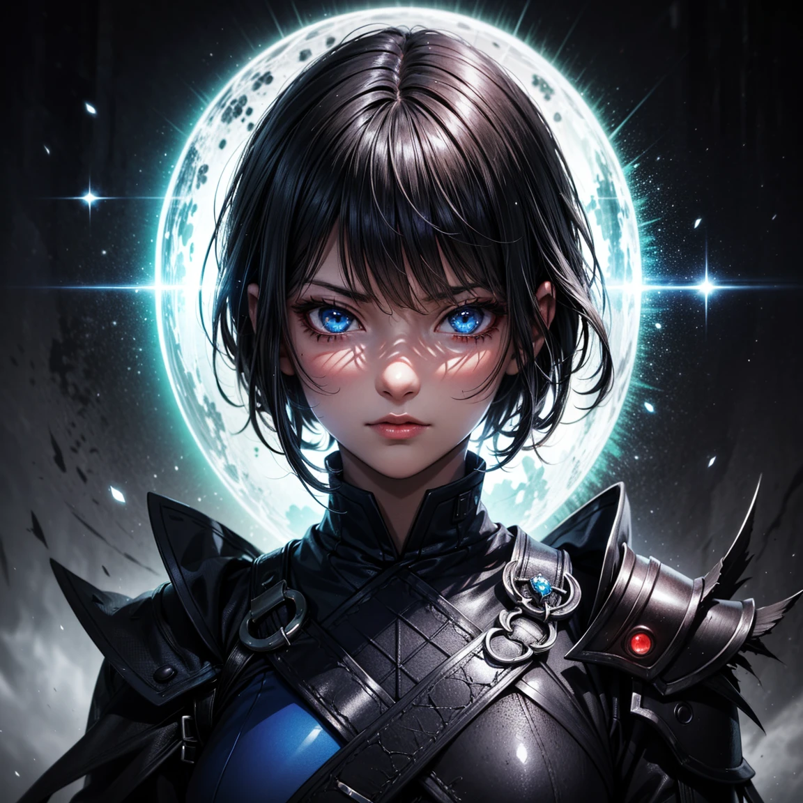 (High Detail:1.2) Anime Girl, (Best quality, Detailed), (dark, gravelly:1.3, dark:1.2), 1girl, (solo), ( dark black skin), two blades of Azzinoth, short bob hair, black hair, blue eyes, fair skin, sinister, intense look, background dark, Volumetric light, hyper realistic, super detailed, Dynamic pose