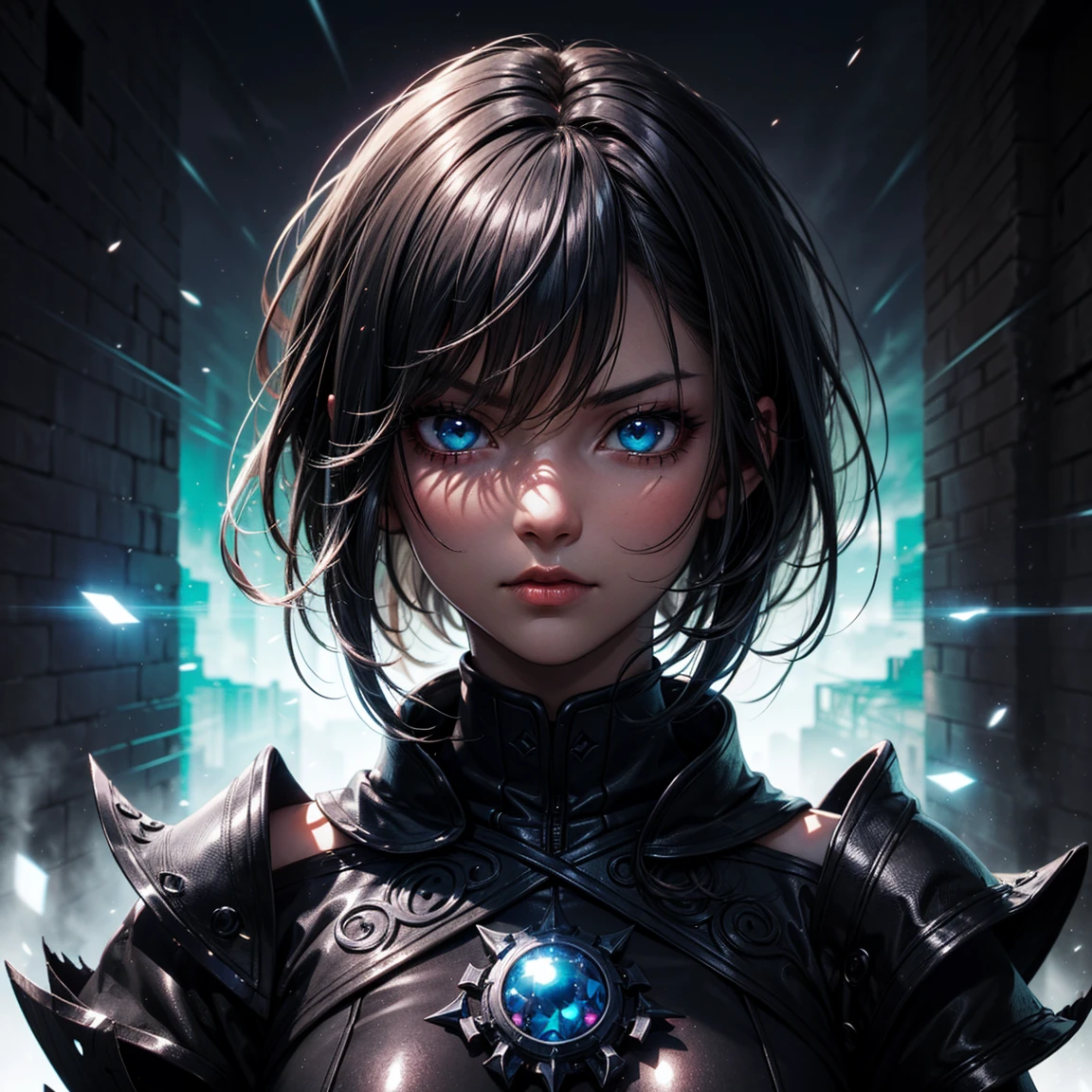 (High Detail:1.2) Anime Girl, (Best quality, Detailed), (dark, gravelly:1.3, dark:1.2), 1girl, (solo), ( dark black skin), two blades of Azzinoth, short bob hair, black hair, blue eyes, fair skin, sinister, intense look, background dark, Volumetric light, hyper realistic, super detailed, Dynamic pose