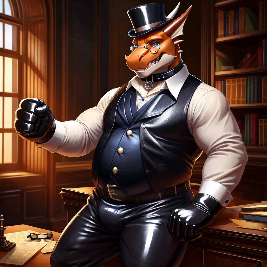 Solo, Male, fat, extremely obese, gentleman, dapper Professor Dragon, mob boss, blue eyes, (posing:1.3), (soft shading), 4k, hi res, ((detailed face, detailed)), steampunk, looking at viewer, mouth wide open, dapper clothing, collared shirt with buttons, top hat, male focus, Explorer Outfit, glasses, monocle, vest with buttons, sleeves rolled up, round eyewear, brown headwear, brown vest, office, Dragon is wearing a glossy leather dog collar around the neck, Dragon is wearing the leather collar and shirt and vest at the same time, Dragon is wearing glossy white rubber gloves on the hands, wearing white rubber gloves on the feet, gloves are rubber in texture, clenching teeth, clenching fists, leather collar is glossy and shiny with a lot of detail, Dragon is wearing gloves and leather collar at the same time, leather collar has a round dog-tag, leather collar is thick and detailed, leather collar is glossy and shiny, fancy clothing, dapper vest, dapper shirt, leather collar is thick, glossy leather collar, dapper leather collar.