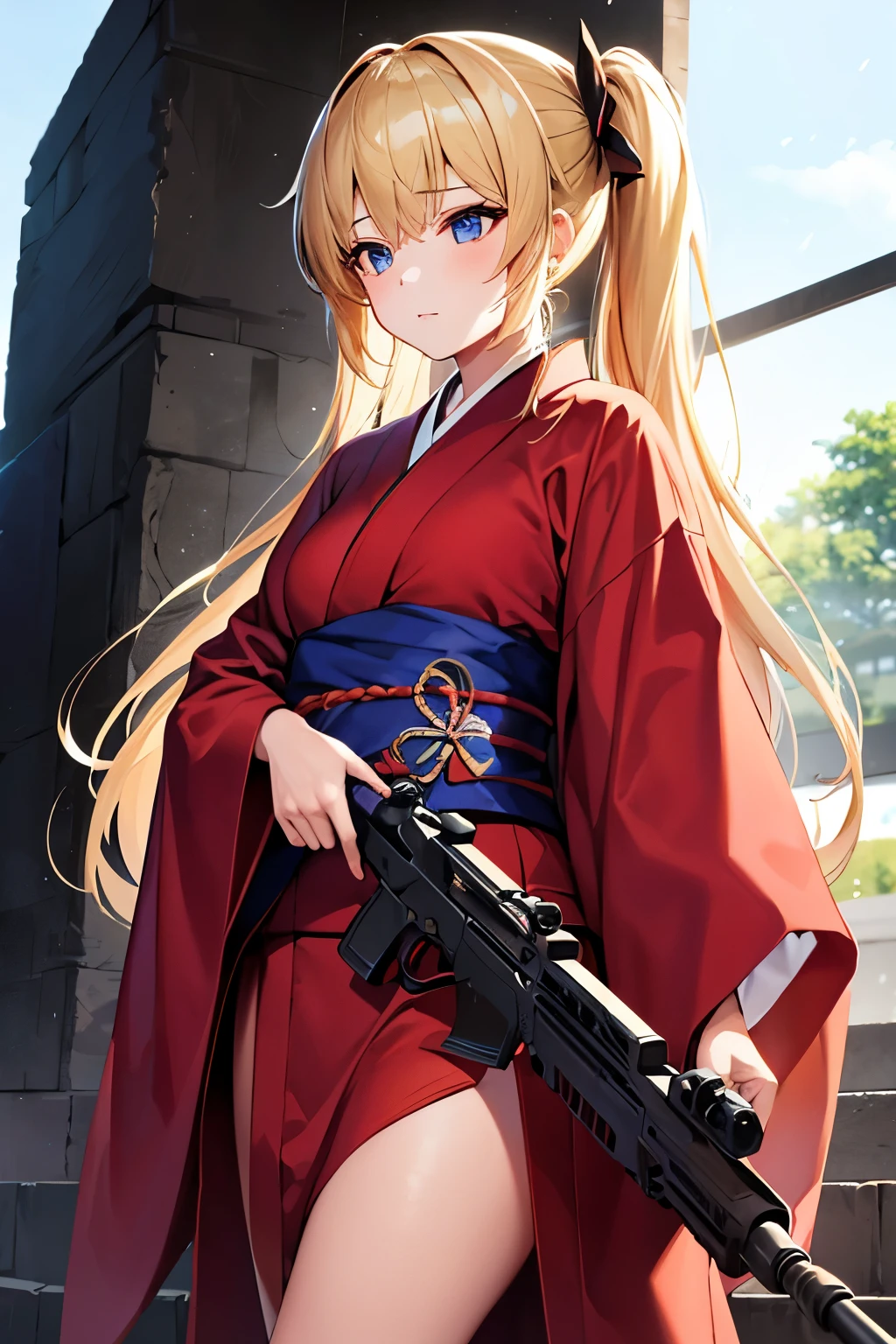 1girl, long two ponytails blonde hair, machine gun , kimono, obi, detailed anatomy 