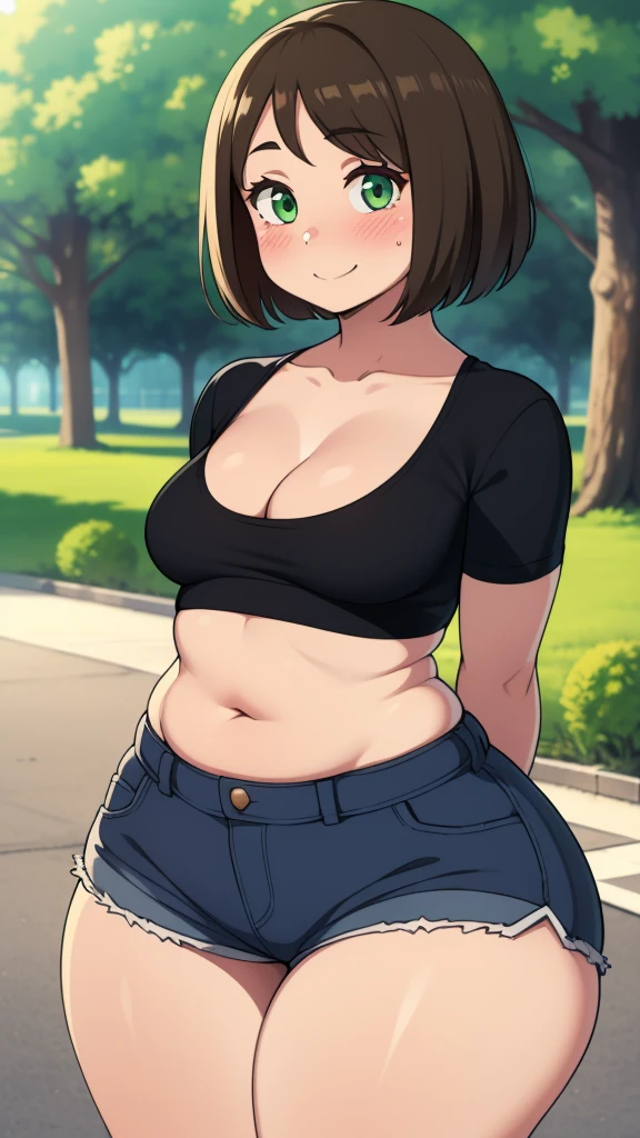 ((highres)), Masterpiece, high quality, best quality, beautiful, perfect lighting, detailed face, ultra cute face, ((1girl)), ((solo), short fluffy brown hair, green eyes, ((blush)), sweet smile, looking at viewer, arms behind back, standing in a park, (park), daytime, crop top, shorts, (((thick thighs))), (wide hips), cleavage, (small breasts), chubby, 20 year old female,