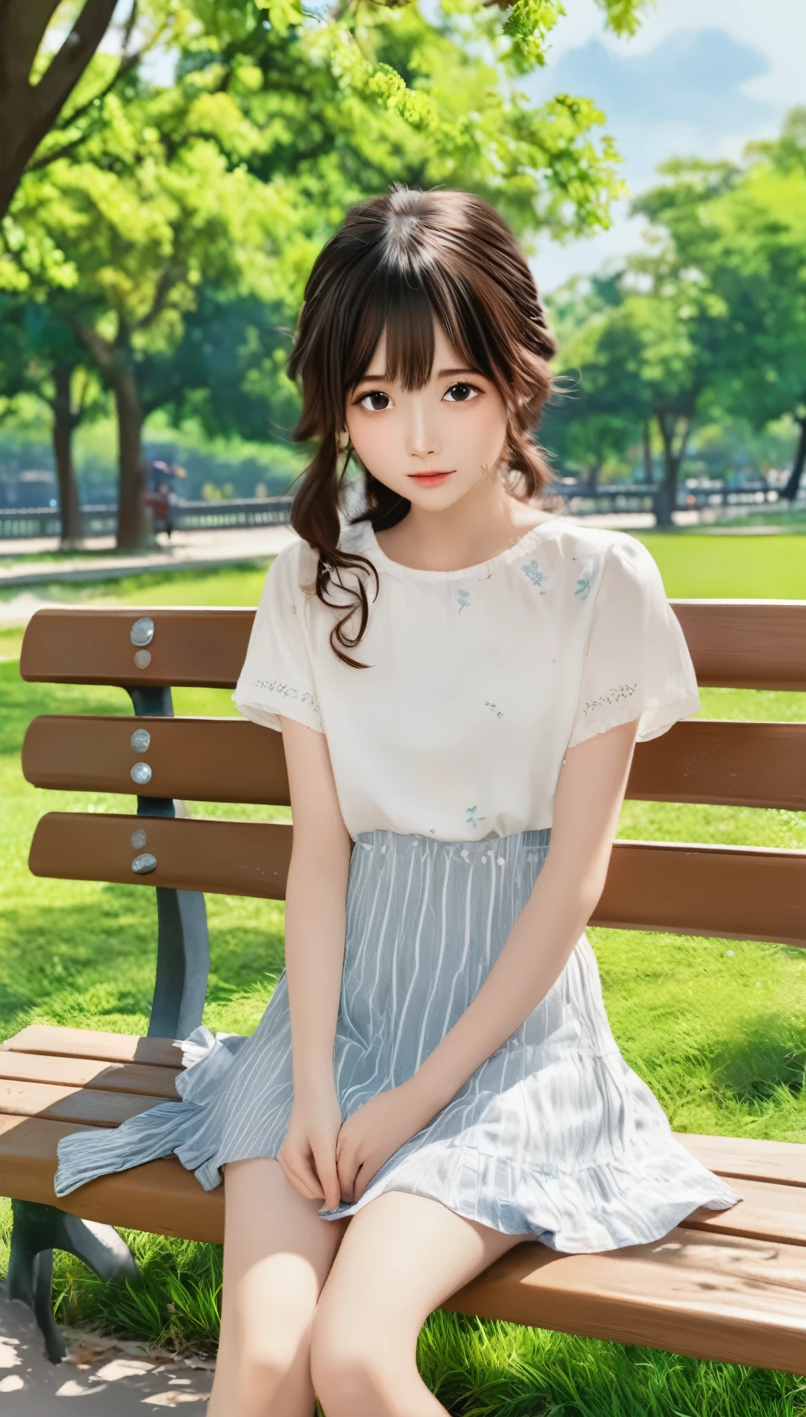 Realistic photos, RAW Photos, , Cute Face, Shy:0.1, ,sitting on a park bench、The wind is blowing、Fluttering Hair、Everyday Scenes