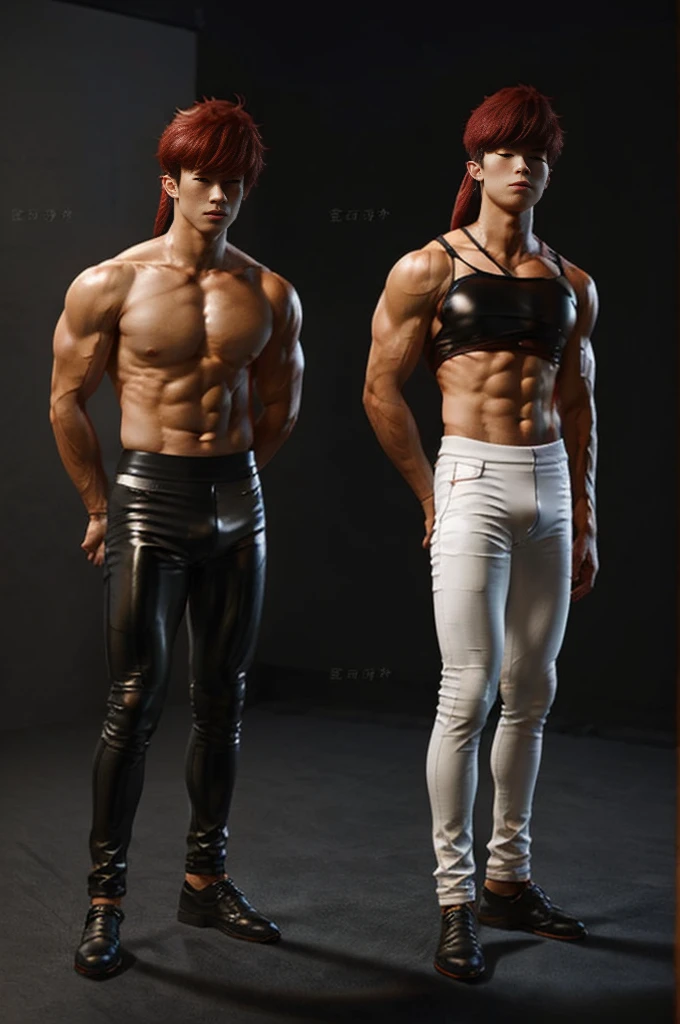 Masterpiece, Best Quality, Solo,japanese young man with big muscular,wide shoulder,big tricep, studio simple background, Natural eyes, Short and delicate red hair, Sexy Man, looking up at the viewer,black tight leather tank top,black leather shiny tight pants , Small plots, Standing, Muscular posture
