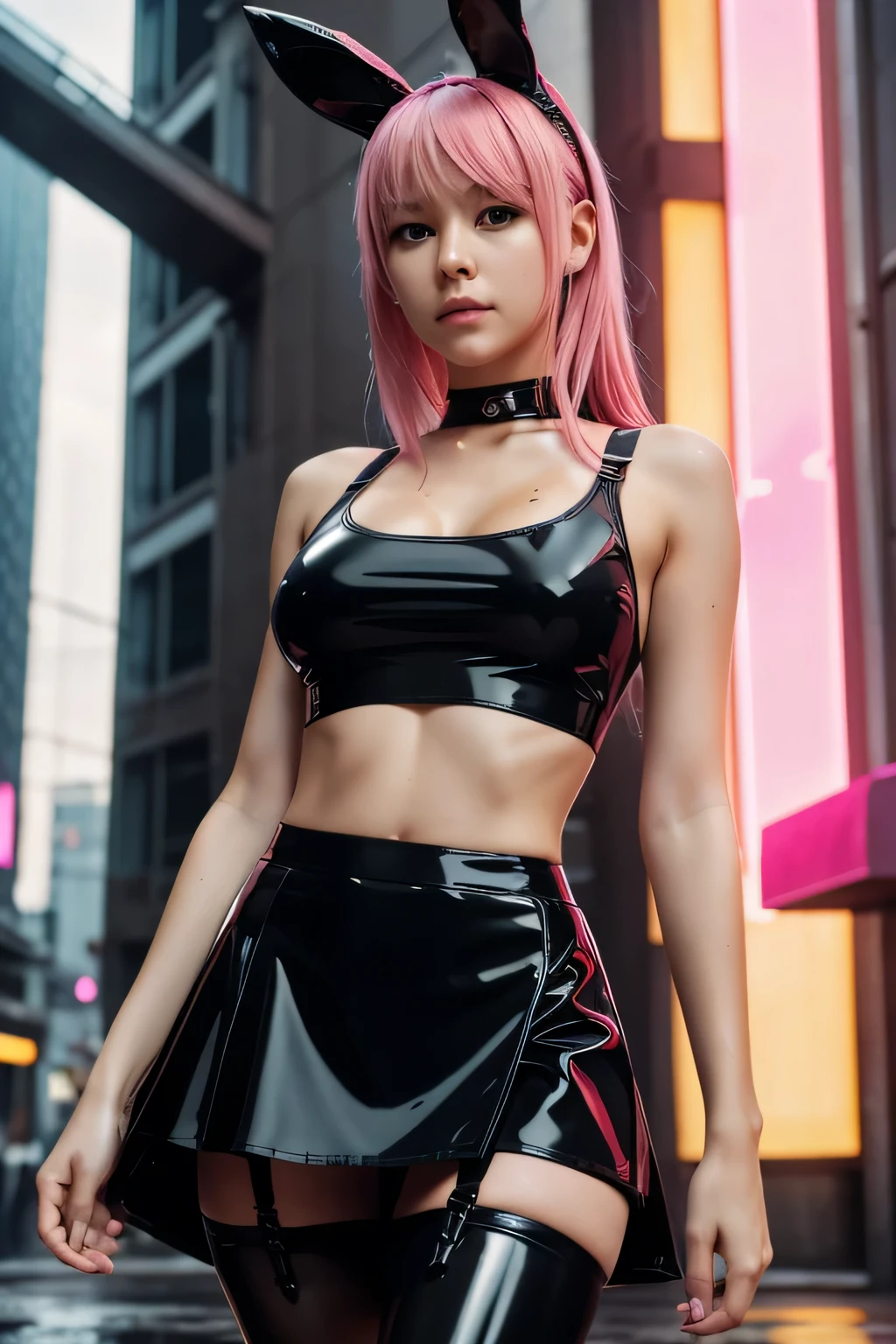 Zero Two Darling in the Franxx, 1 Girl, Underboob, Small Black Semi Sheer Top, Large Breasts, Pink Nipples Erected, Bites Bottom Lip, Loose Midi T-shirt, Underboobs, Under , Micro Mini Skirt, Pose bunny, sexy pose, View from below, (((Micro mini latex black skirt))) , stockings and garter belt, perfect body, We see her slim and tight, wet, pink hair, she is in a street Day Light City cyberpunk, 8k, real skin, realisticstic, HDR, ultra resolution, light leaks, movie lighting, Face focus, Fine eyes, Detailed face, Well lit face, Sunbeams