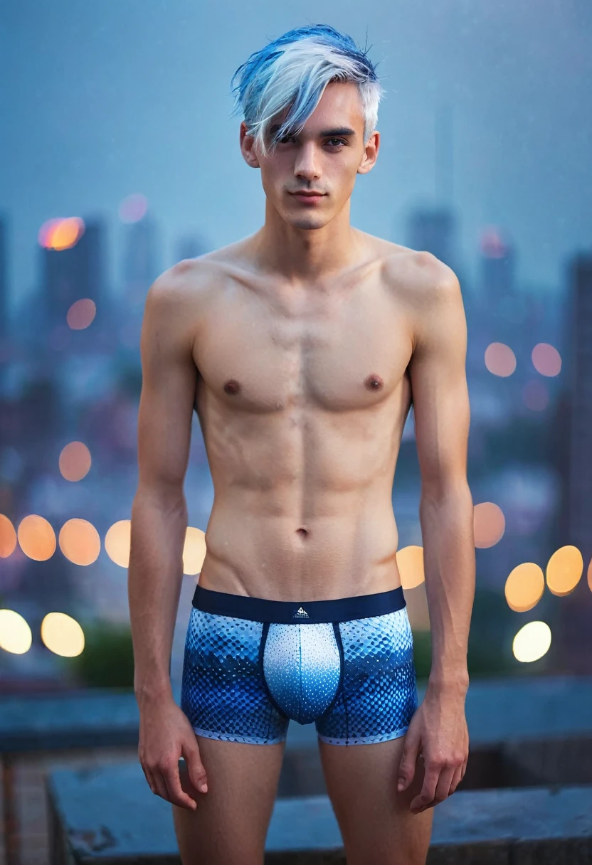 male posing, skinny body, city, atmospheric, cute masculine square face, blue white hair, dead inside, nude, tight boxers with bright geometric print, bokeh, background blur, rain, fog, sunset, chromatic aberration, full body view