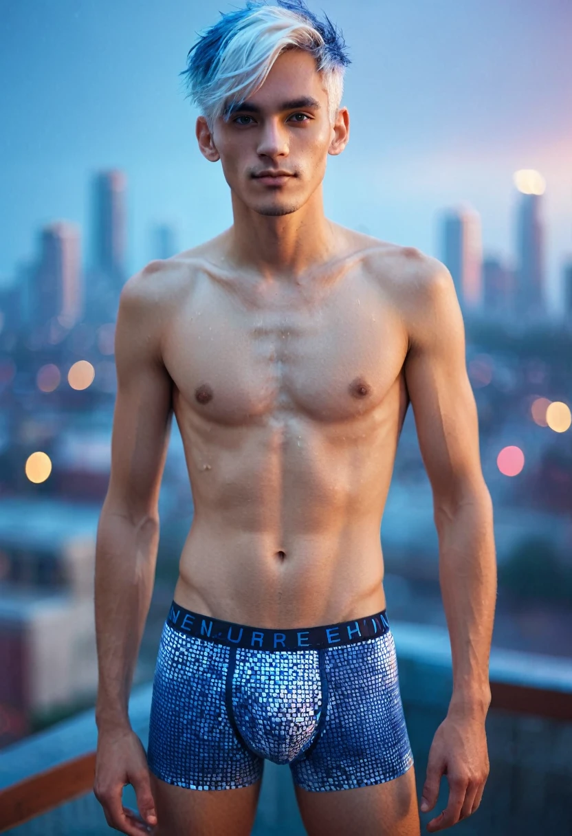 male posing, skinny body, city, atmospheric, cute masculine square face, blue white hair, dead inside, nude, tight boxers with bright geometric print, bokeh, background blur, rain, fog, sunset, chromatic aberration, full body view