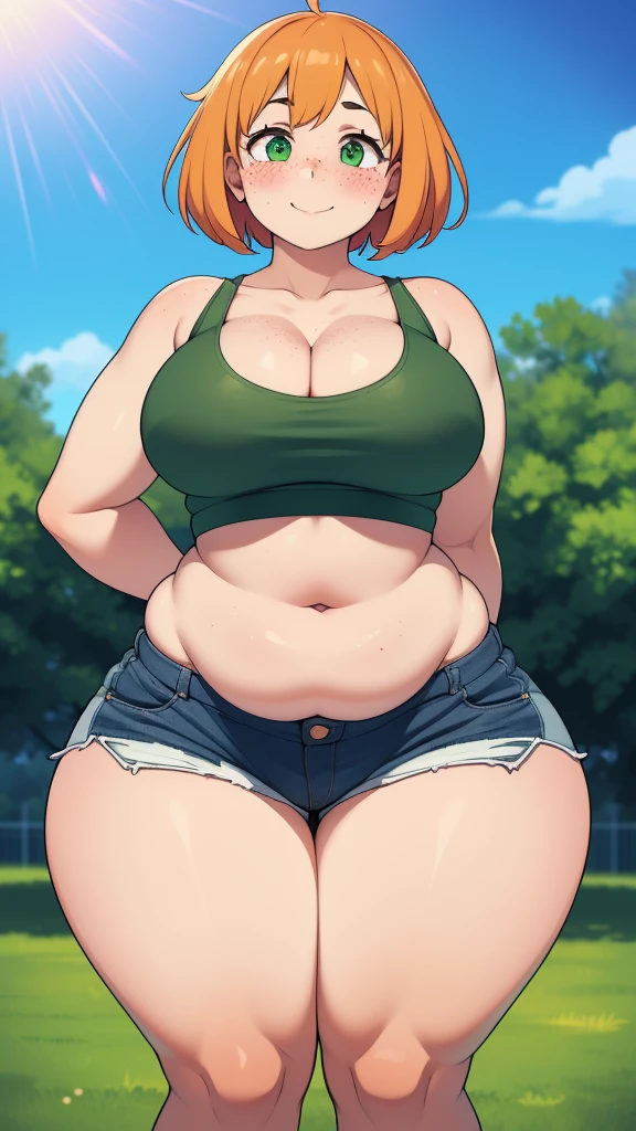 ((highres)), Masterpiece, high quality, best quality, beautiful, perfect lighting, detailed face, ultra cute face, ((1girl)), ((solo), short fluffy orange hair, green eyes, freckles, ((blush)), sweet smile, looking at viewer, arms behind back, standing in a park, (park), daytime, crop top, shorts, (((thick thighs))), ((wide hips)), cleavage, (medium breasts), (chubby), 20 year old female,