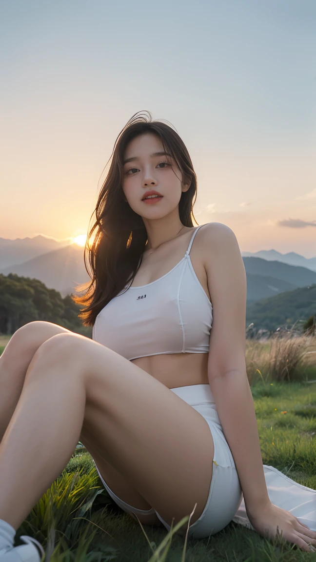 no, Ray Tracing, Radio City, Anisotropic filtration, 16,000, best quality, 1 woman, alone, mature,  beautiful mountain climber, Shorts, light singlet, Gradient long hair, laugh、sunset ,((big breasts)) (((sitting in the middle of the grass))) Sit with your knees raised.